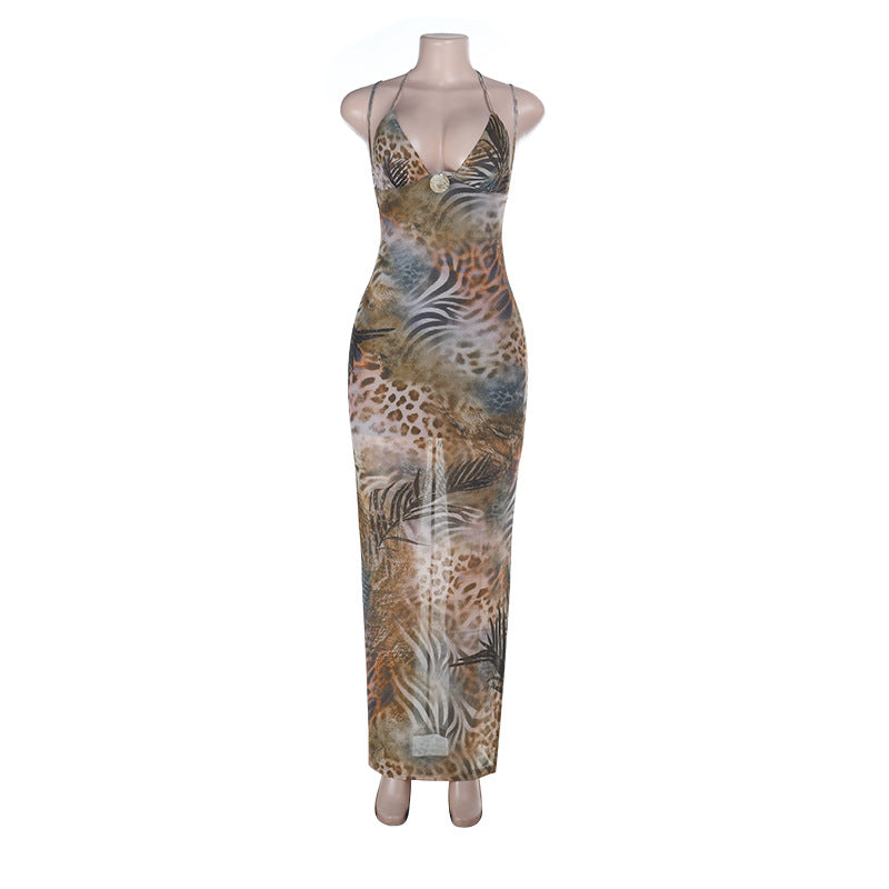 Damen Maxikleid mit tierischem Muster und raffiniertem V-Ausschnitt R&B