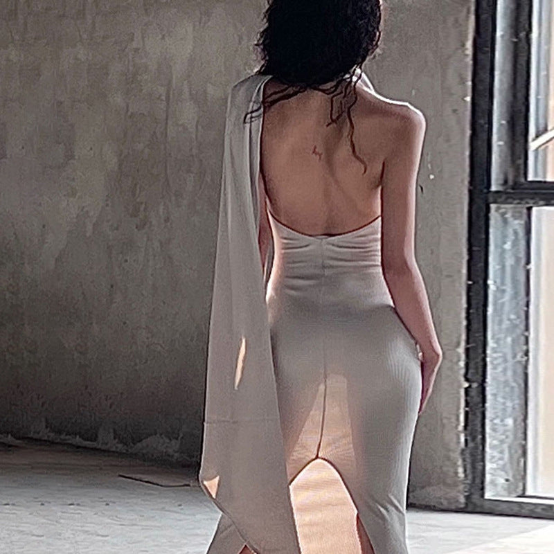 Damen Elegantes One-Shoulder Maxikleid mit hochgeschlitzen Saum und fließendem Design R&B