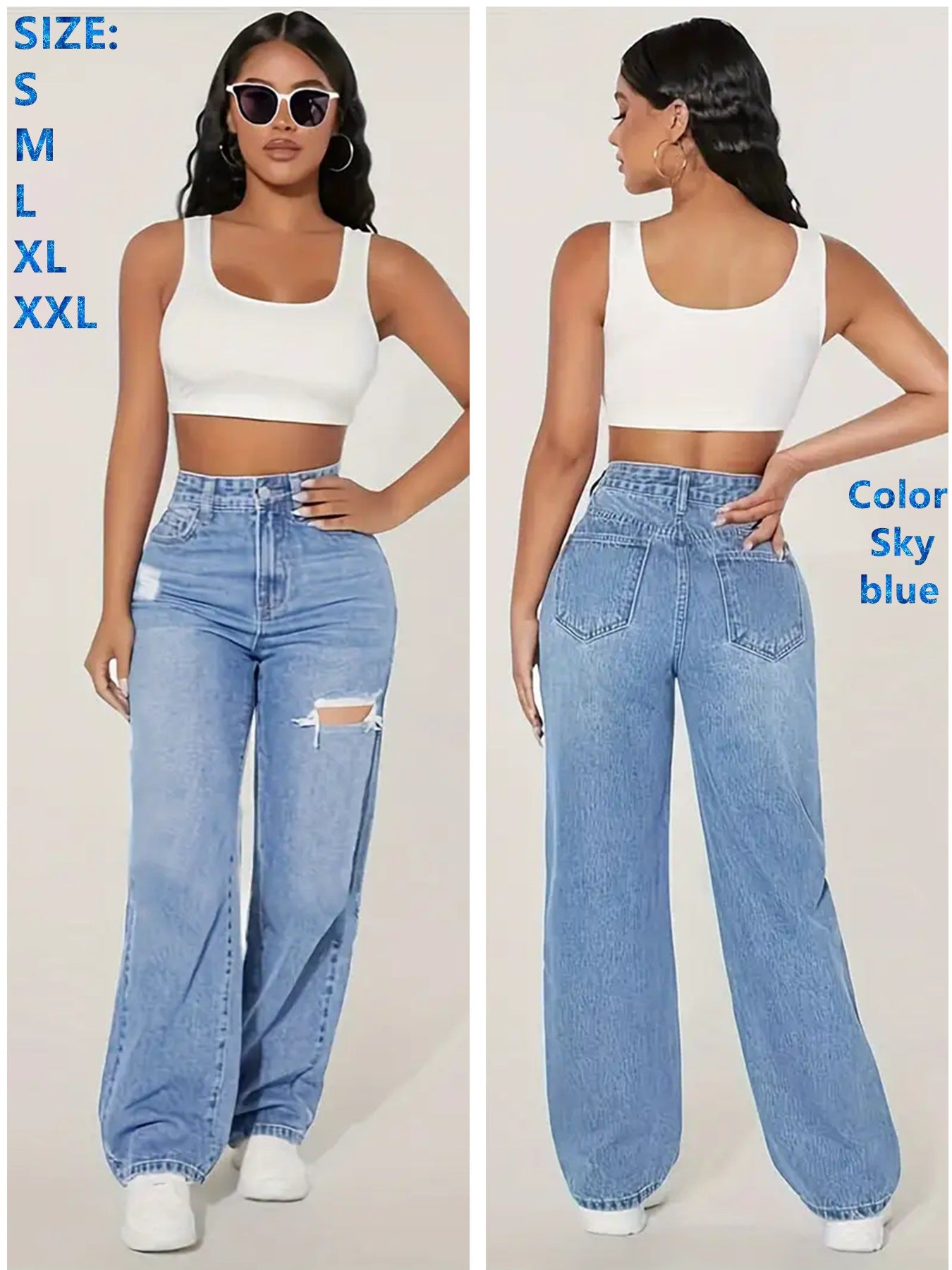 Damen weite Jeans mit modischen Rissdetails und hohem Bund R&B