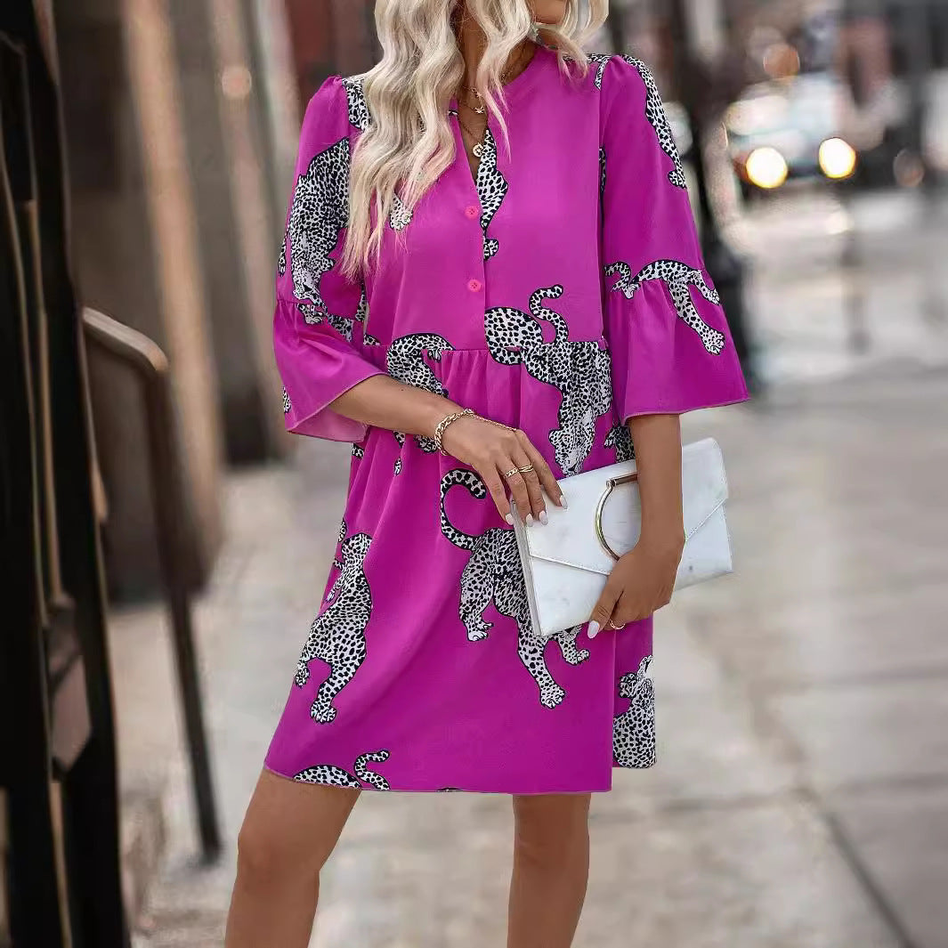 Damen Kurzarm Kleid mit lR&Bhaftem Leopardenmuster R&B