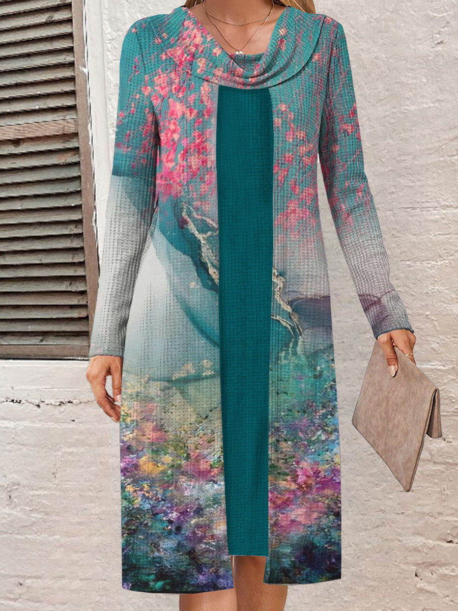 Damen Langarmkleid mit kunstvollem Blumenmuster