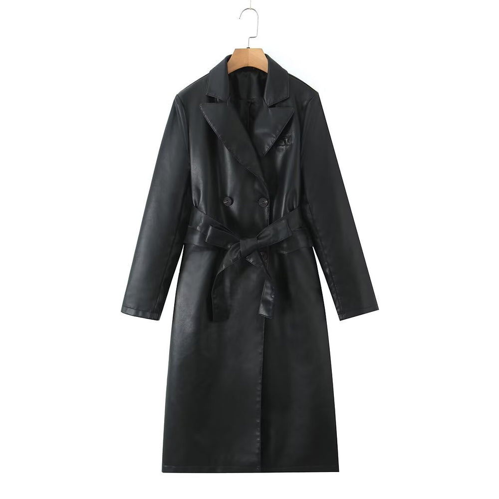 Damen Kunstleder Trenchcoat mit taillierbarem Gürtel und doppelter Knopfleiste R&B