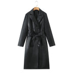 Damen Kunstleder Trenchcoat mit taillierbarem Gürtel und doppelter Knopfleiste R&B