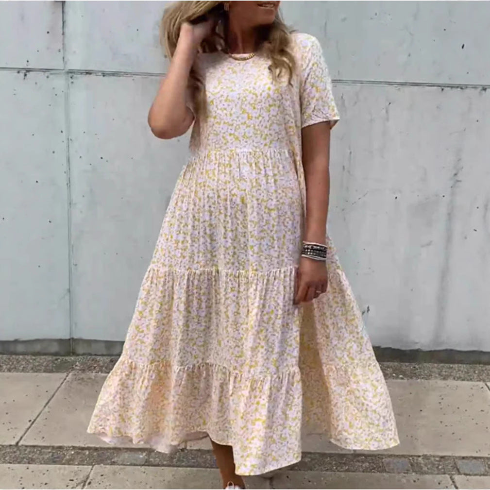 Damen nan luftiges Stufenmaxikleid im Boho-Babydoll-Stil mit geraffter Unterbrust und kurzen Ärmeln R&B