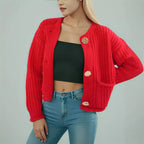 Damen Strickjacke mit kreativen Knopfdetails und seitlichen Taschen R&B
