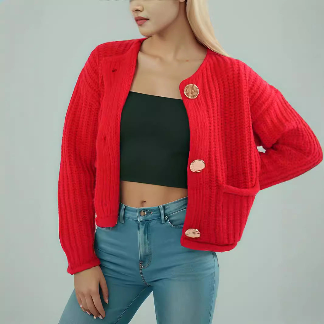Damen Strickjacke mit kreativen Knopfdetails und seitlichen Taschen R&B