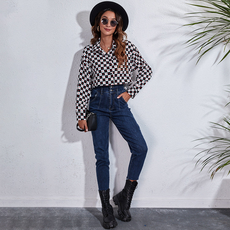 Damen Modische Karokbluse mit Herzen und cropped Schnitt R&B