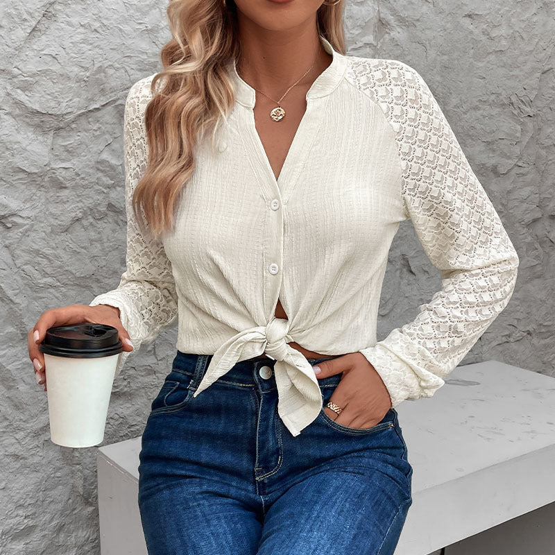 Damen Bluse mit eleganten Spitzenärmeln und strukturiertem Stoff R&B