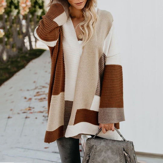Damen lässige Strickjacke mit modischem Streifenmuster R&B