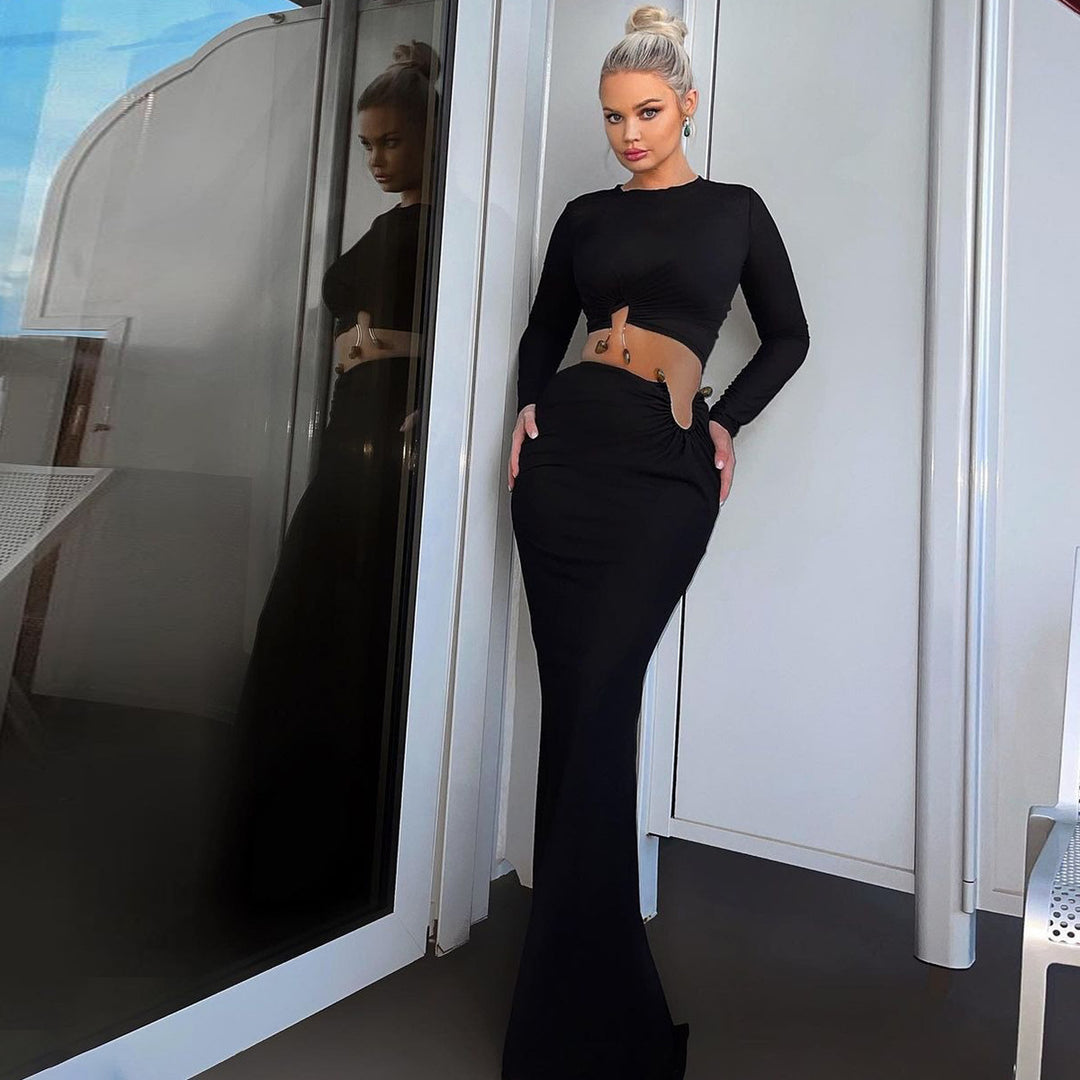 Damen Crop-Top und Maxi-Rock Kombi mit hohem Schlitz und eleganter Raffung R&B