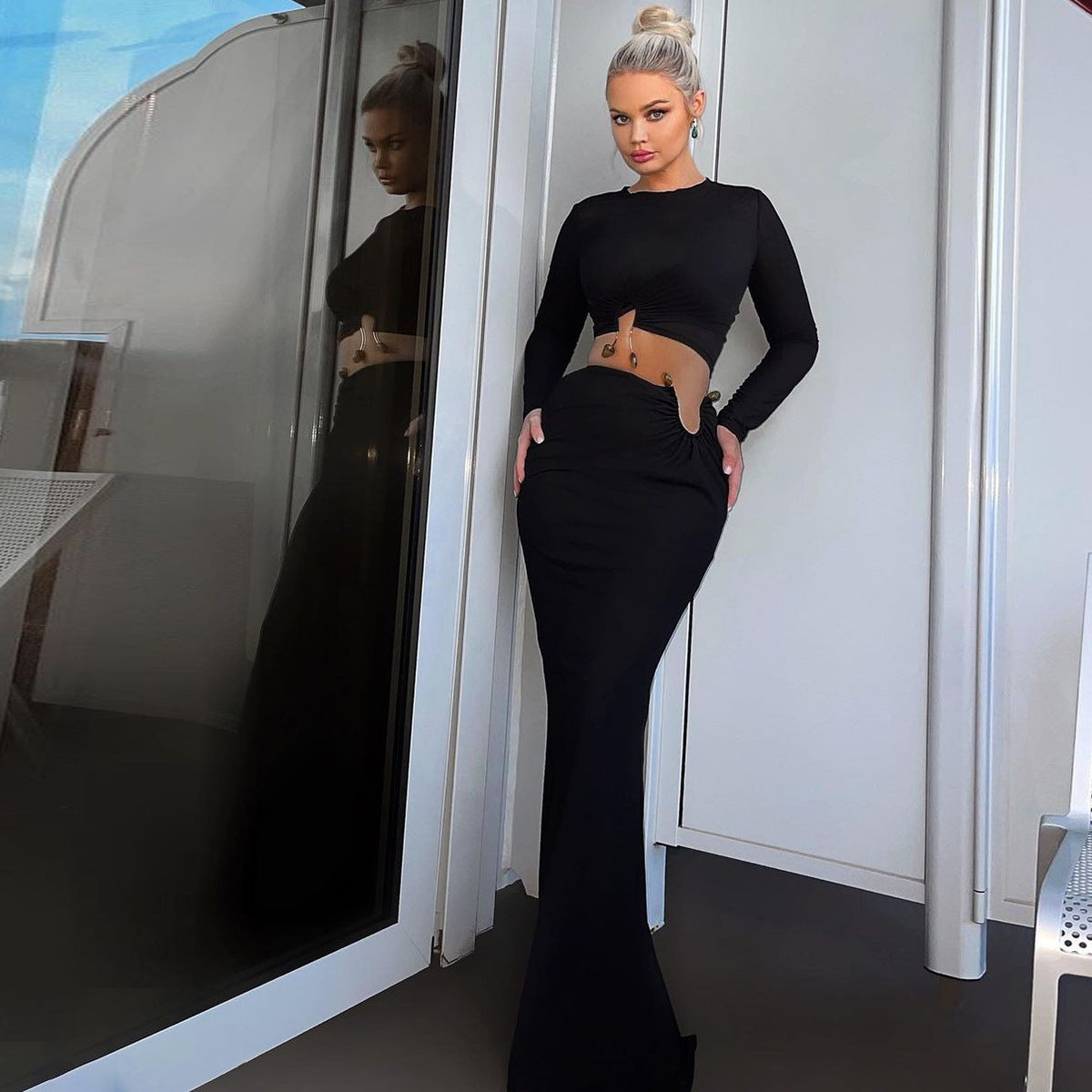 Damen Crop-Top und Maxi-Rock Kombi mit hohem Schlitz und eleganter Raffung R&B