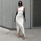 Damen elegantes Bodycon Abendkleid mit asymmetrischem Ausschnitt und Schlitz R&B