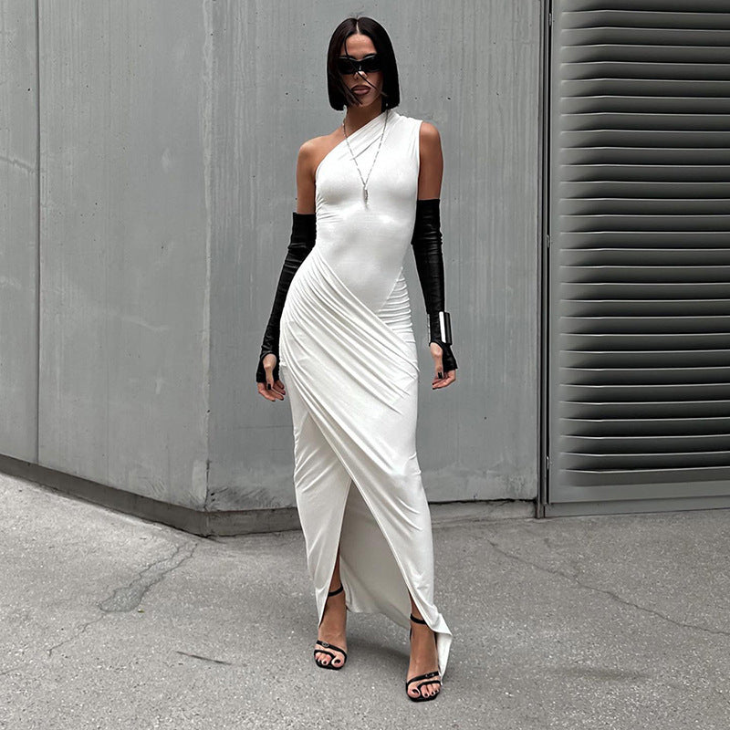 Damen elegantes Bodycon Abendkleid mit asymmetrischem Ausschnitt und Schlitz R&B