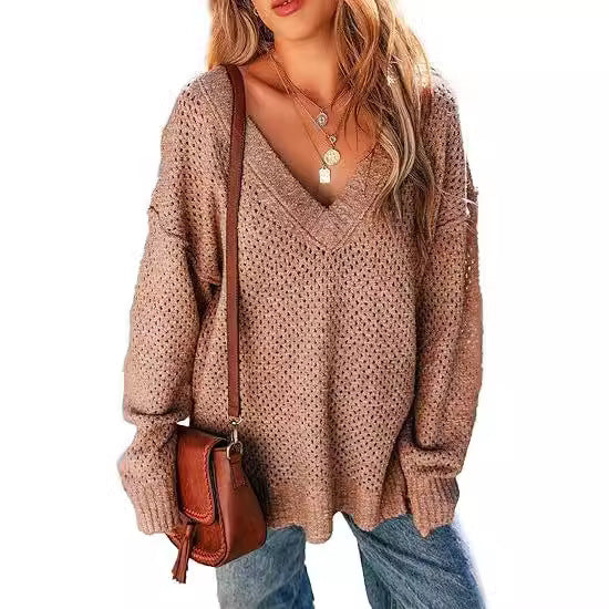 Damen Leicht gestrickter V-Ausschnitt Pullover mit lässigem Schnitt R&B