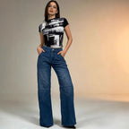 Damen Weite Denim-Hose mit asymmetrischen Nähten