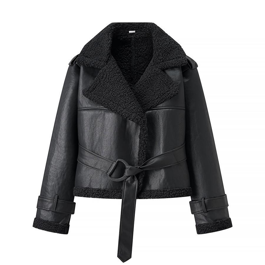 Damen Kunstlederjacke mit Teddy-Futter und taillierbarem Gürtel R&B