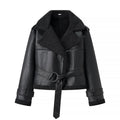 Damen Kunstlederjacke mit Teddy-Futter und taillierbarem Gürtel R&B