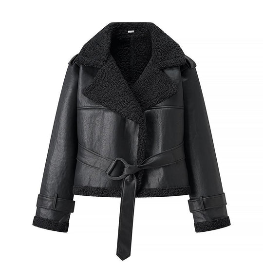 Damen Kunstlederjacke mit Teddy-Futter und taillierbarem Gürtel R&B