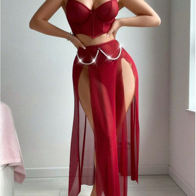 Damen verführerisches Dessous-Set mit transparentem Rock und dekorativem Schmuckelement R&B