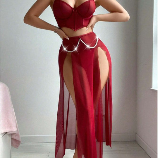 Damen verführerisches Dessous-Set mit transparentem Rock und dekorativem Schmuckelement R&B