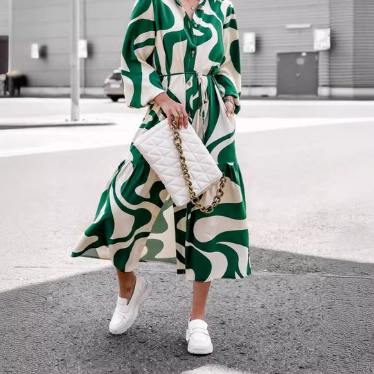 Damen Langarm Hemdblusenkleid mit modischem Muster und Taillengürtel R&B