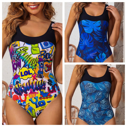 Damen Einteiliger Badeanzug mit buntem Graffiti-Design R&B
