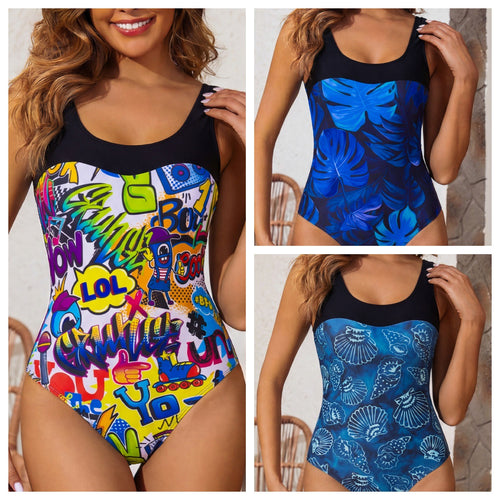 Damen Einteiliger Badeanzug mit buntem Graffiti-Design R&B