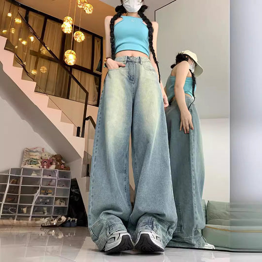 Damen Oversized Denim-Hose mit weitem Bein und modischem Schnitt R&B