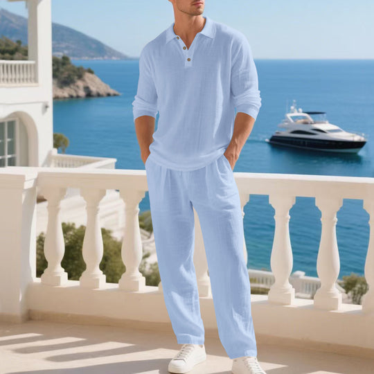 Herren nan leichtes Leinen-Ensemble mit Polokragen und elastischer Bundhose R&B