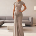 Damen Elegantes Langarm Maxi-Kleid mit Drapierung und figurformendem Schnitt R&B