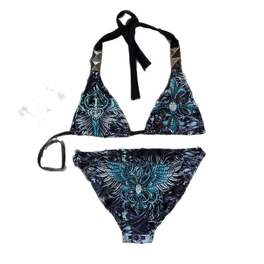 Damen Triangel-Bikini mit floralem Muster und Strass-Applikationen R&B