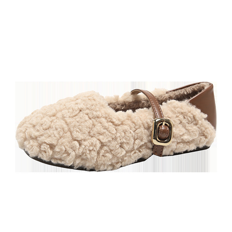 Damen Fleece Hausschuhe mit modischem Riemen und Warmfutter R&B