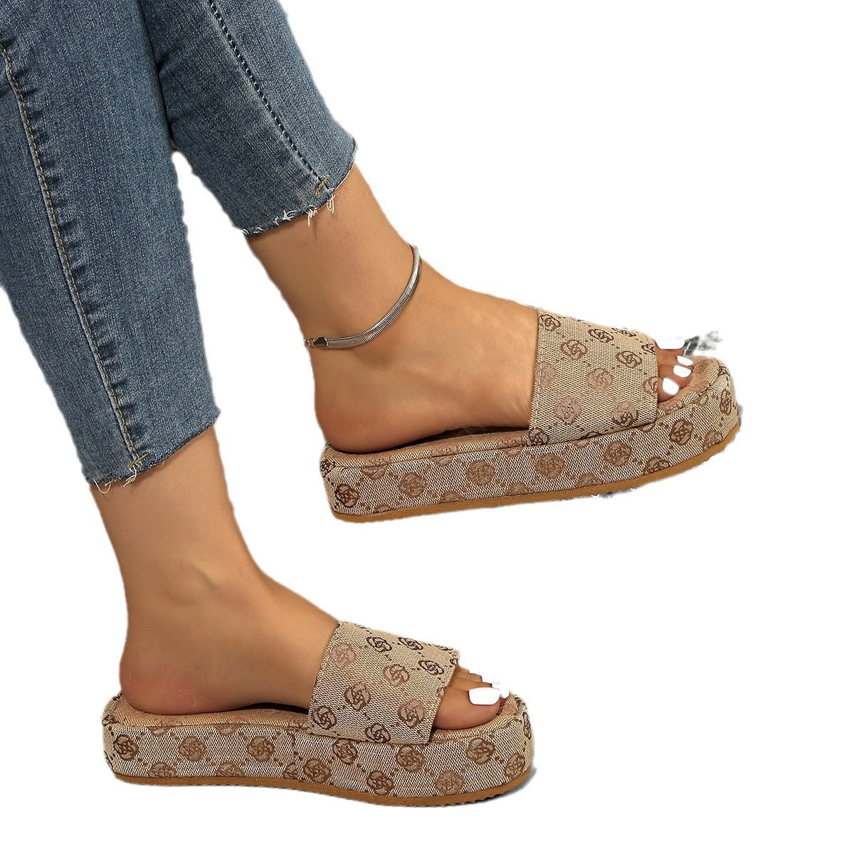 Damen Plattform Rutsch Sandalen mit Stilvollem Grafikdruck Heidi-Mode