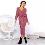 Damen Elegantes Wickelkleid mit tiefem V-Ausschnitt und Taillengürtel R&B