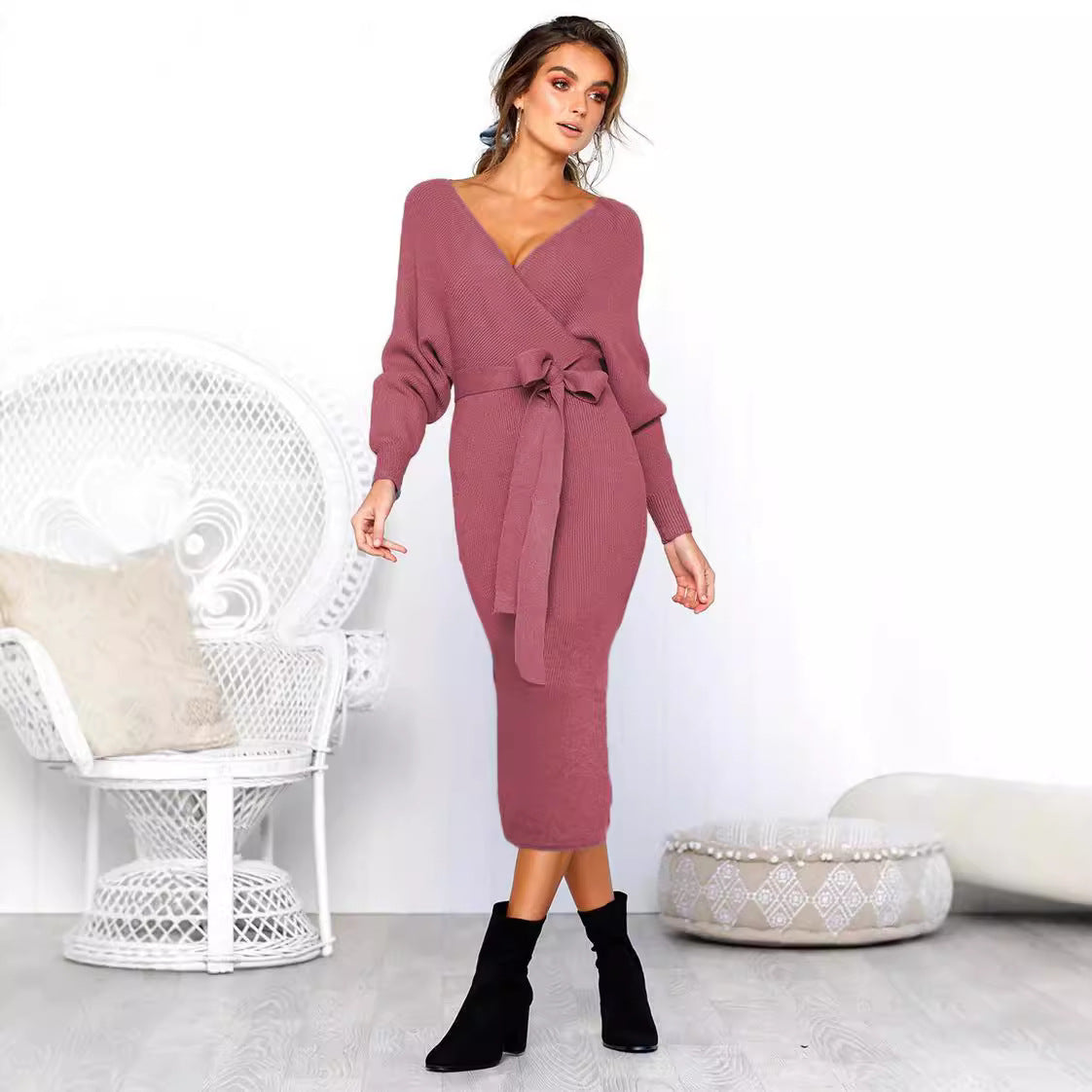 Damen Elegantes Wickelkleid mit tiefem V-Ausschnitt und Taillengürtel R&B