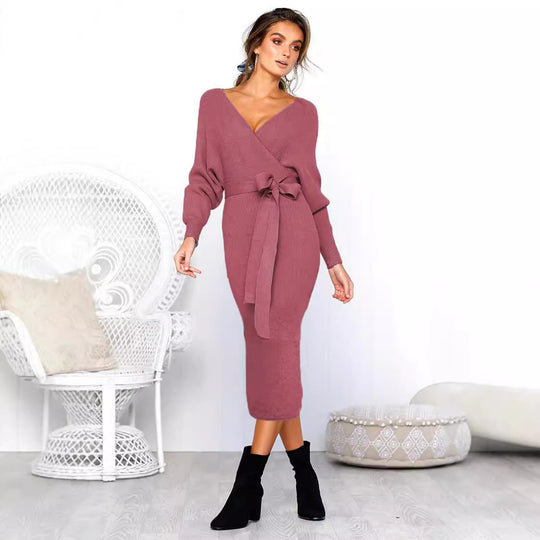Damen Elegantes Wickelkleid mit tiefem V-Ausschnitt und Taillengürtel R&B