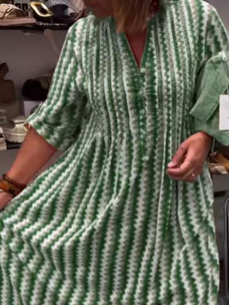Damen nan Midikleid mit Unterbrustnaht, V-Ausschnitt, Knopfleiste und krempelbaren dreiviertelärmeln R&B