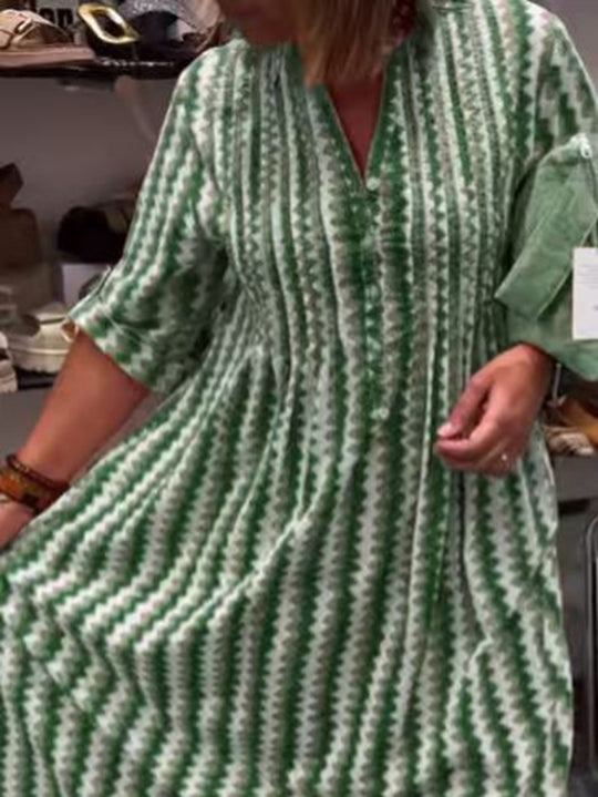 Damen nan Midikleid mit Unterbrustnaht, V-Ausschnitt, Knopfleiste und krempelbaren dreiviertelärmeln R&B