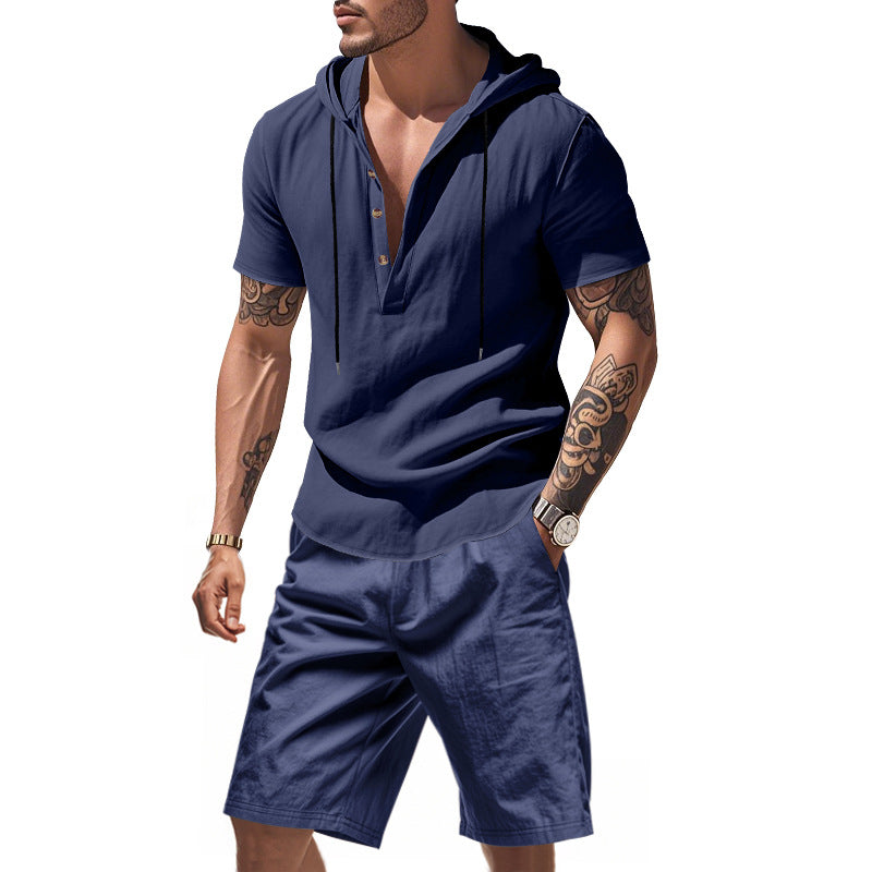 Herren lässiges Kurzarmhemd mit Kapuze und Shorts R&B