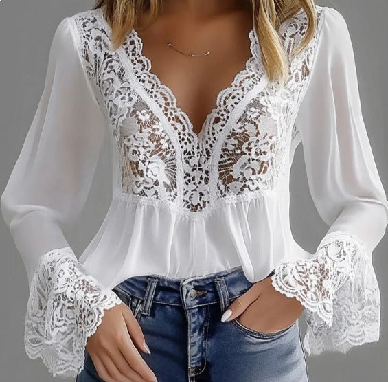 Damen elegante Bluse mit Spitzendetails und gerafftem Saum R&B