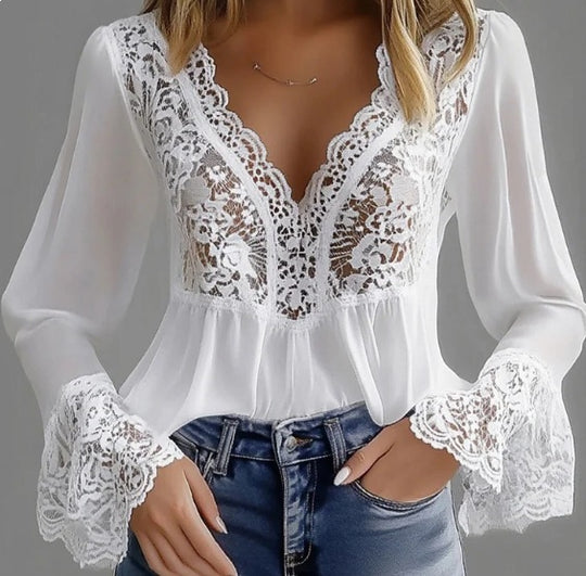 Damen elegante Bluse mit Spitzendetails und gerafftem Saum R&B