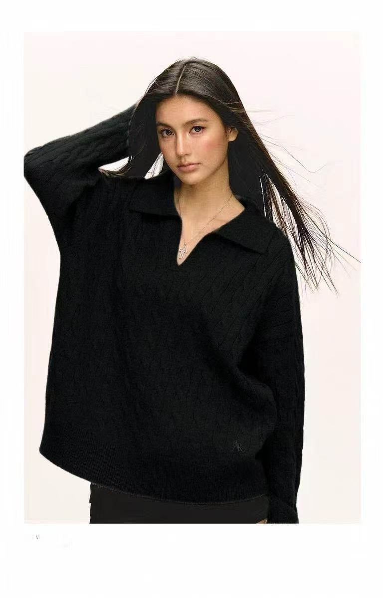 Damen Grob gestrickter Pullover mit V-Ausschnitt und Kragen R&B