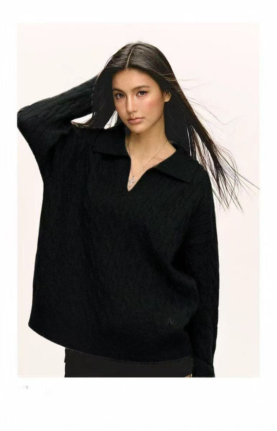 Damen Grob gestrickter Pullover mit V-Ausschnitt und Kragen R&B