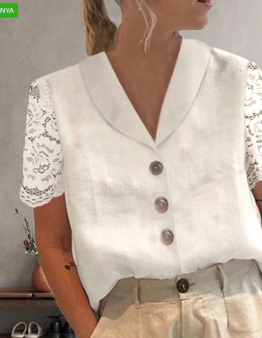 Damen Bluse mit Spitzenärmeln und raffinierten Knopfdetails Heidi-Mode