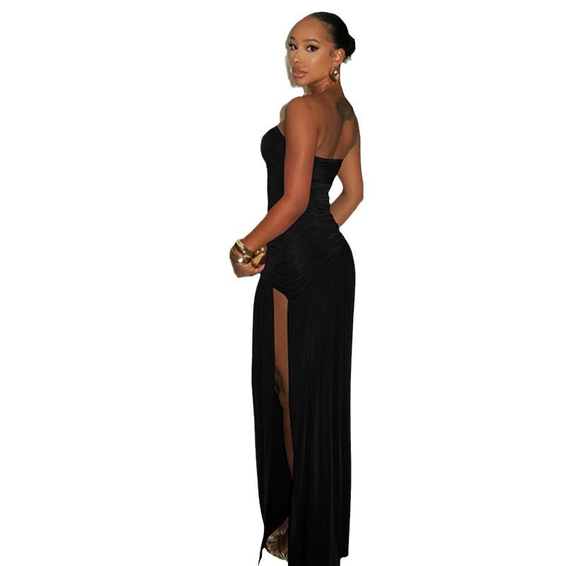 Damen trägerloses Maxikleid mit hohem Schlitz und elegantem Faltenwurf R&B