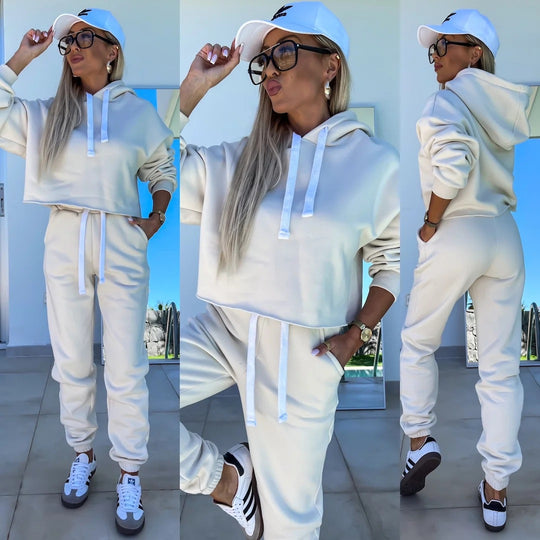 Damen modernes Hoodie-Jogginganzug-Set mit elastischem Bund und Kontrastdetails R&B