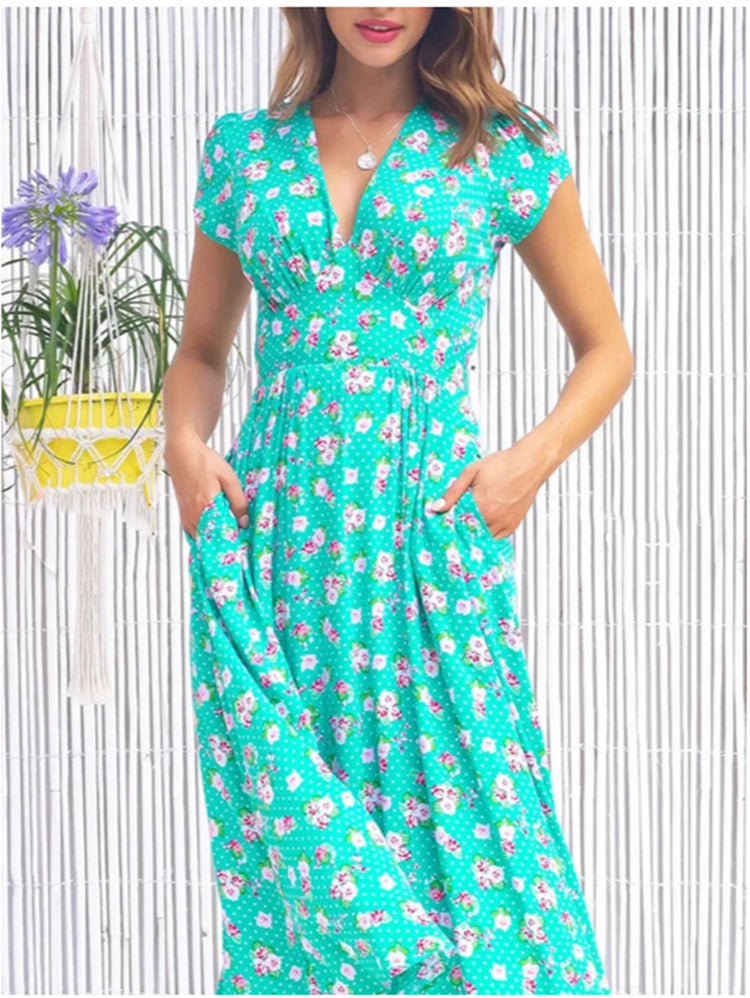 Damen Maxi-Kleid mit floralen Mustern und Taschen R&B