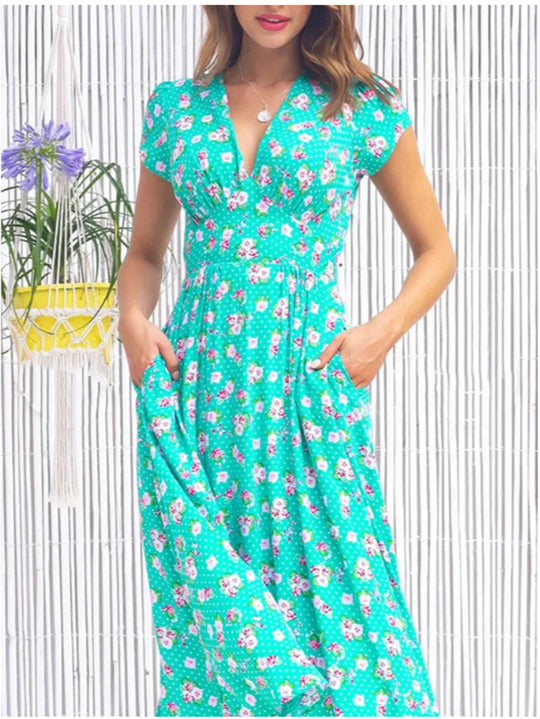 Damen Maxi-Kleid mit floralen Mustern und Taschen R&B