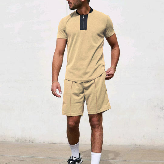Herren Sportliches Kurzarm-T-Shirt mit Reißverschluss und Joggingshorts R&B