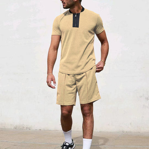 Herren Sportliches Kurzarm-T-Shirt mit Reißverschluss und Joggingshorts R&B